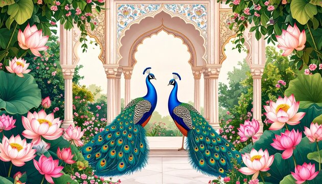 Mughal-style illustration garden. Two vibrant peacocks stand in front of ornate arch. Blooming lotus flowers decorate scenery. Intricate details, rich