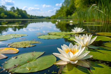 Serene sunrise water lilies on calm lake © Shaibal