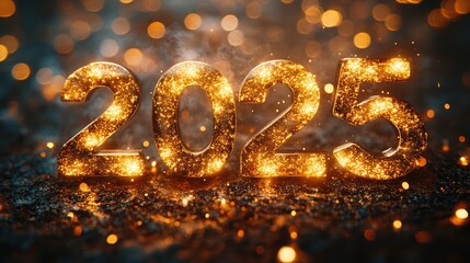 Sparkling 2025 New Year's numerals on dark background with bokeh