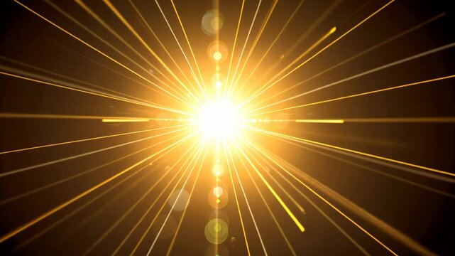Blazing light source emits yellow rays against a dark backdrop with lens flare