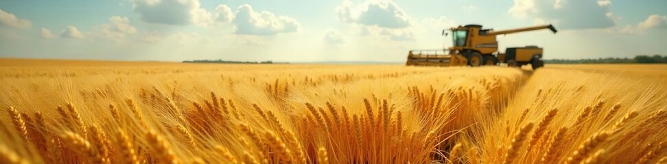 Obraz premium Vast fields of golden wheat swaying gently in the summer breeze, ready for harvest at a large-scale flour production facility , machinery, summer, conveyor belt