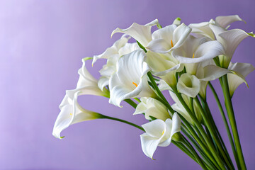 Elegant bouquet of white calla lilies on purple background