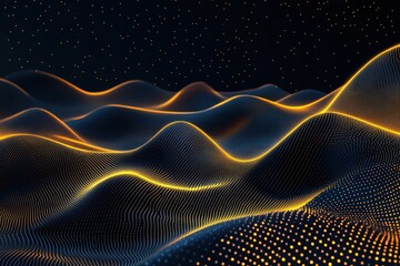 Abstract digital landscape with flowing waves of light and dark tones, illuminated by glowing lines and dots, creating a mesmerizing visual experience of depth and movement
