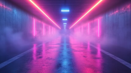 Neon Tunnel, Pink Blue Lights, Fog, Wet Floor, Cyberpunk