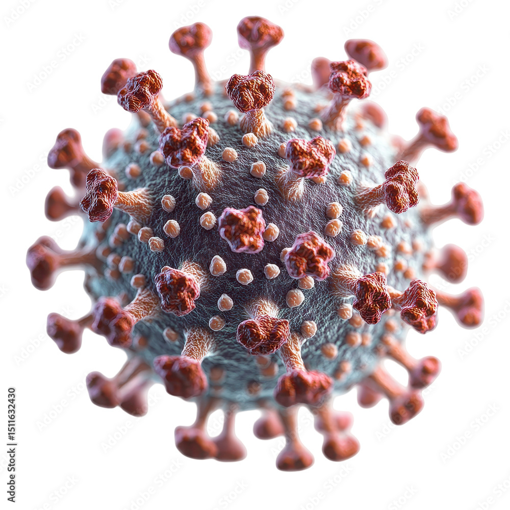 Poster virus structure under microscope shows spikey protrusions and unique features typical of coronavirus