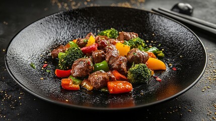 Colorful stir-fried beef with vibrant vegetables including bell peppers and broccoli, served in a sleek black bowl, showcasing a delicious and appetizing culinary presentation