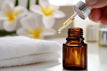Amber glass bottle with dropper, essential oil being dispensed, surrounded by white towel and flowers, creating a serene spa atmosphere for relaxation and wellness