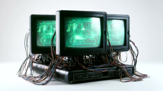 Retro computer displays with tangled wires