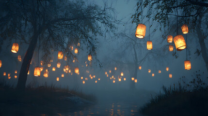 Softly red glowing lanterns floating mysteriously above the ground or hanging from branches, illuminating a foggy forest clearing.
