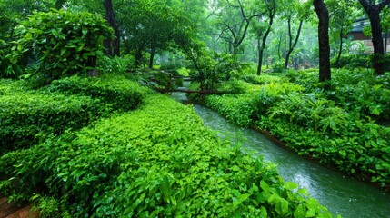 Vibrant Rain Soaked Park Landscape with Lush Green Foliage and Stream