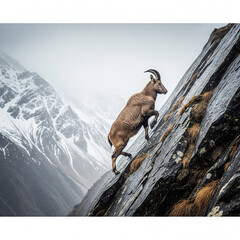A bharal climbs steep, soaked cliffs as snowfall and rainfall merge into silvery mountain storm.