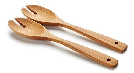 Two wooden salad servers with forked ends lying on a white surface in close up view