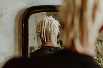 Reflection of an albino man with dreadlock hair in a rustic interior setting, Reflection of an albino man with dreadlock hair looking at himself in the mirror Cinematic