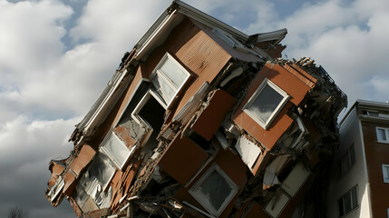 Damaged House Leaning After Earthquake