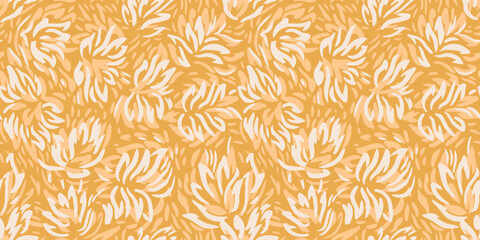 Seamless pattern featuring dynamic abstract floral shapes in yellow, mustard tones. Perfect for print design textiles, wrapping paper, wallpapers, and contemporary decorative projects