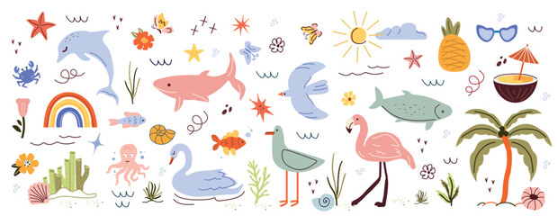 Summer, a set of trend elements: sun, pineapple, palm tree, dessert, glasses, rainbow. Fashionable modern art. Cartoon, minimalistic, abstract art Nouveau style. art template for summer postcard