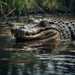 Obraz premium Crocodile Lurking in a Swampy River.