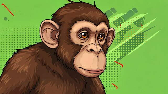 Cartoon chimpanzee with brown fur on a halftone green background