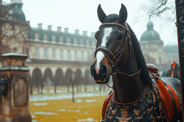 Obraz premium A horse with a saddle trotting gracefully.