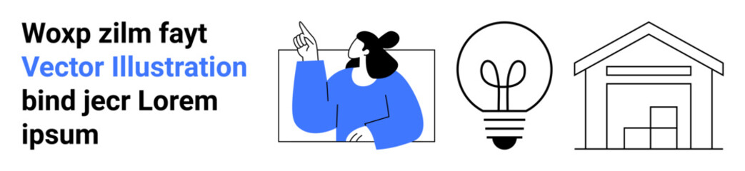 Person points upward, simple lightbulb design, house outline. Ideal for creativity, innovation, ideas, housing, workspace, thinking simple landing page