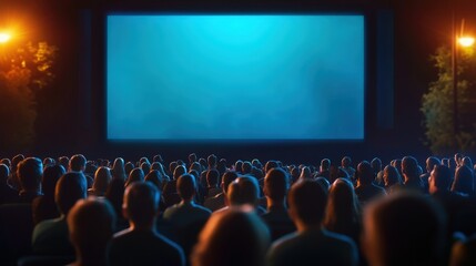 Obraz premium Group of people relaxing and watching movie outdoors, back view