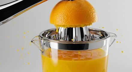Close up of an orange being squeezed with a juicer into a clear glass container filled up