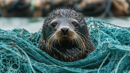 Adorable Fur Seal Pup Posing in Fishing Net, Close-Up, Cute, Wild Animal, Fur, Close Up