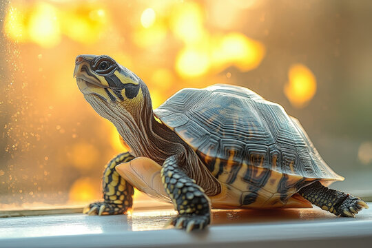 Turtle on ground, blurred background.