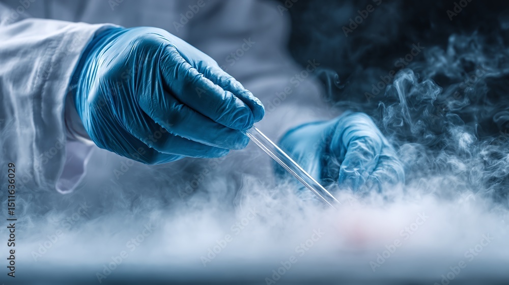 Poster scientist with tube surrounded by fog in laboratory. experiment using a glass object and blue gloves