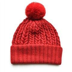 Red cable knit hat with pom-pom