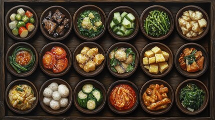 Korean side dishes wooden tray, assorted, studio shot, food photography, menu