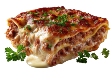 Luscious Lasagna: A culinary masterpiece, with layers of pasta, rich meat sauce, creamy cheese, and a hint of fresh parsley, ready to delight the senses.