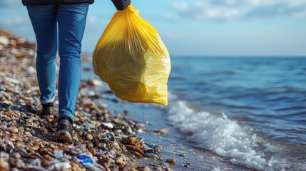Cleaning Beach. Person Holds Yellow Trash Bag Filled With Waste On Beach.