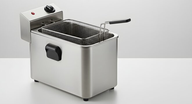 A stainless steel deep fryer with basket sitting on a white surface in a studio setting