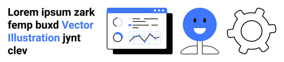 Analytics dashboard with graphs, happy face, and gear representing data insights, user satisfaction, and workflow automation. Ideal for data, workflow, design, development UX analytics simple