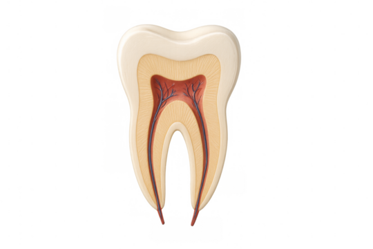 Cross section of molar showing pulp chamber, root canals and nerves on transparent background