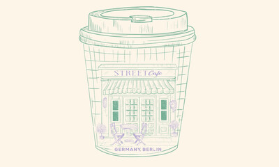 Coffee cup. Street cafe graphic print design for t shirt, apparel, posters, background and others. Welcome street cafe abstract art design.