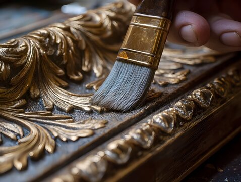 Close-up detailing brush tracing bronze-leaf patterns on surface highlighting artisanal painting technique for decorative finishes