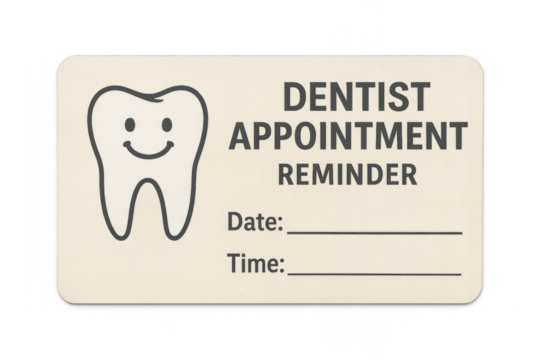 Dentist appointment reminder card with smiling tooth on transparent background