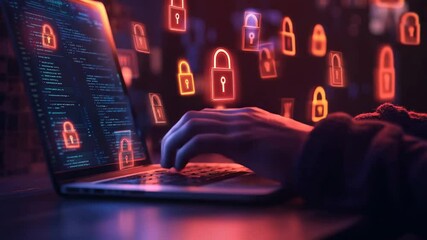 Cybersecurity concept with hands type code on laptop and glowing padlock icons surround. - Powered by Adobe