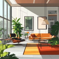 Sunny modern living room with plants