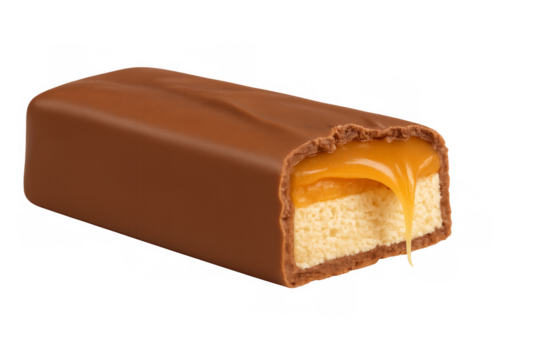 Delicious chocolate bar with filling dripping caramel on transparent background