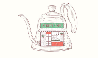 Coffee kettle. Street cafe graphic print design for t shirt, apparel, posters, background and others. Welcome street cafe abstract art design.