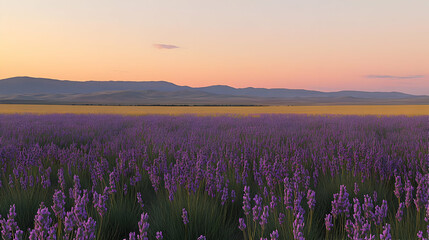 Naklejka premium Purple Flower Field At Golden Sunset Over Mountain Range