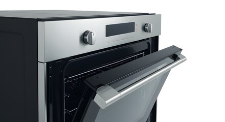 Fototapeta premium A close up shot of a modern oven with the door slightly open on a white background