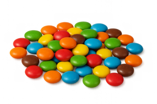 Colorful chocolate candy coated gems forming a pile on transparent background