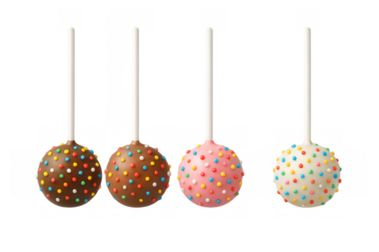 Four colorful cake pops hanging with transparent background
