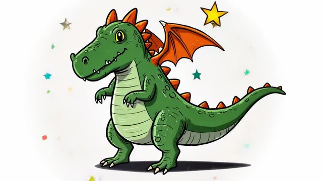 Cartoon green dragon with orange accents stands amidst colorful stars