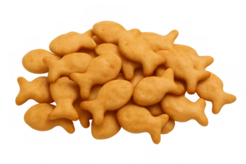 Pile of goldfish shaped crackers on transparent background