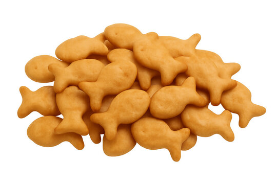 Pile of goldfish shaped crackers on transparent background